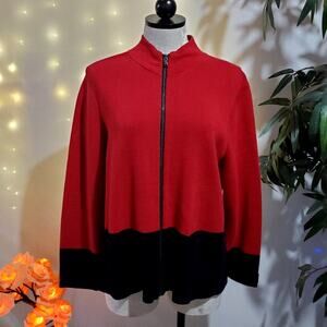 Chico's Women's 2 Full Zip Colorblock Red/Black Knit Cardigan with Pockets